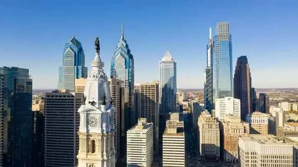 A view of the city skyline from above.